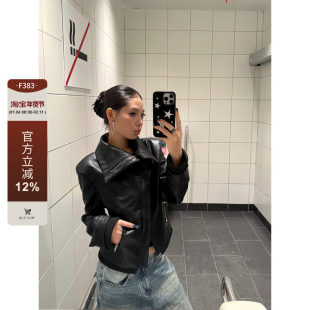 显瘦百搭皮革夹克短外套女ins 复古拼接翻领斜边拉链修身 F383 美式