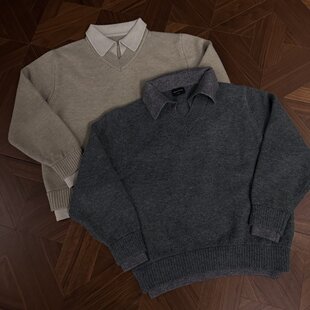 RTIMFD覆古假两件V领翻领毛衣 cleanfit高级针织衫上衣慵懒风外套