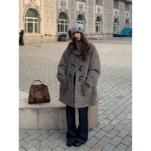 Halo Luu灰色牛角扣羊毛大衣女冬2025新款加厚中长款立领毛呢外套