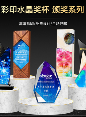 水晶彩印奖杯定制定做创意奖杯免费刻字员工荣誉颁奖杯制作纪念品