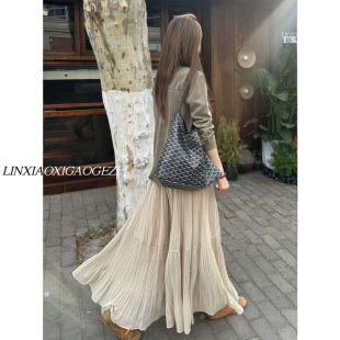 175高个子加长版 温柔风甜美压褶纱裙半身裙女春秋大摆裙A字裙长裙