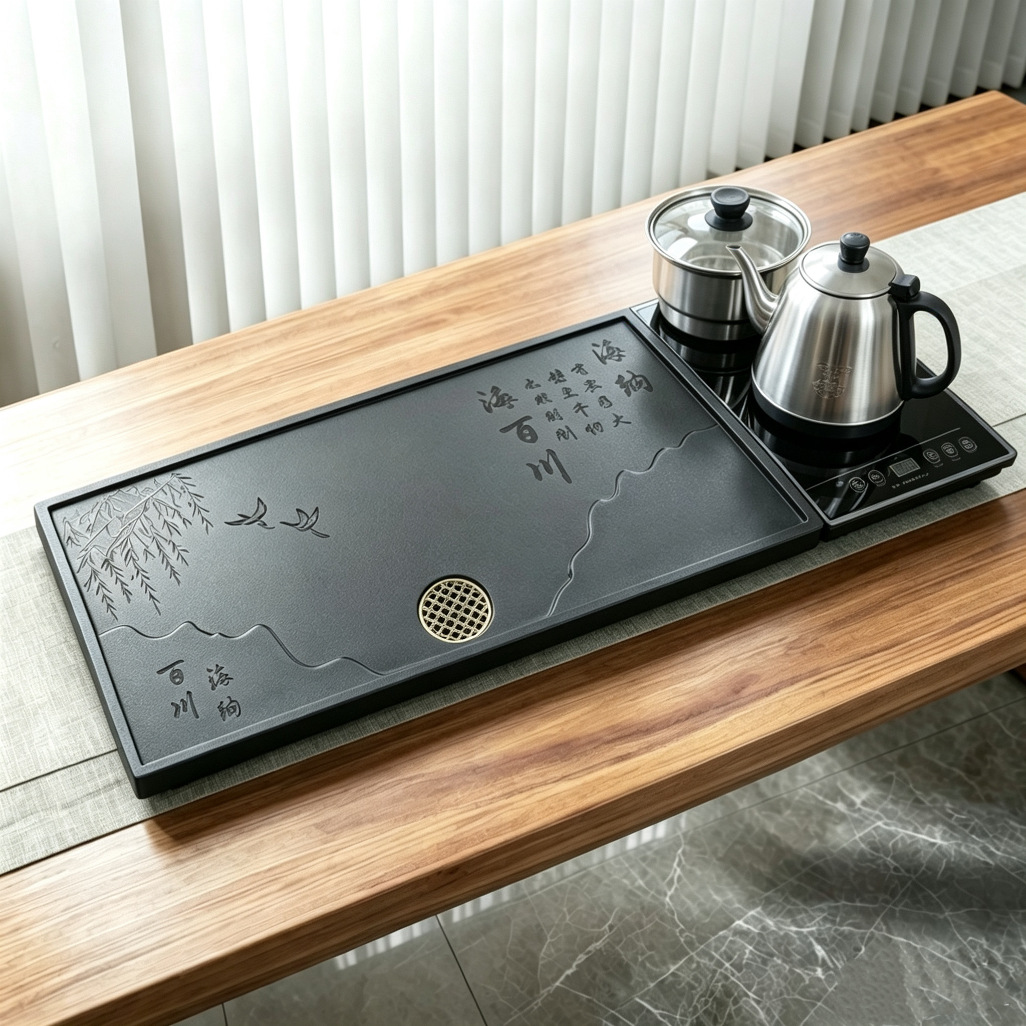 仿乌金石茶盘烧水壶套装分体式家用办公室简约全自动下排水茶台