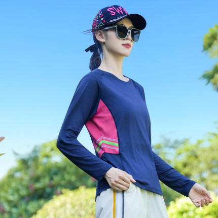 2026年新款冰丝速干衣女士圆领T恤长袖运动透气轻薄时尚拼色百搭