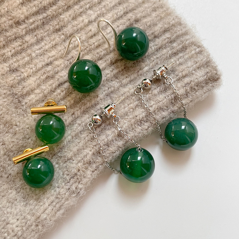 中式绿玛瑙耳钉925银针耳饰