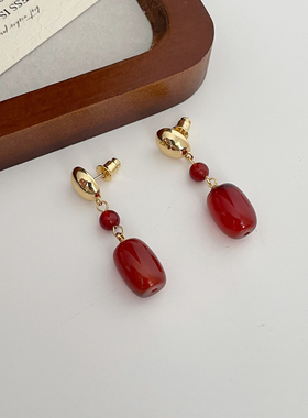 新中式国风红色玛瑙喜庆显白耳环小众设计高级独特时尚耳钉耳饰女