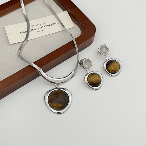 欧美风简约几何虎眼石项链耳钉