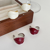 欧美风黄铜镀金安哥拉红滴釉耳圈女C型耳钉红白两色可选日常耳饰