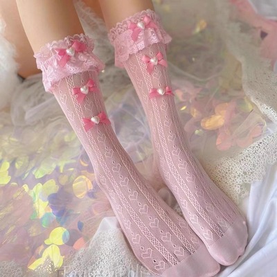 洛丽塔原创风蝴蝶结爱心花边短袜