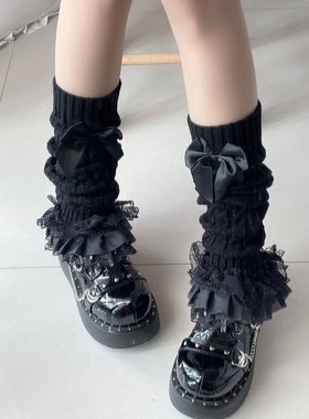 秋冬新品y2k风格3层黑蕾丝花边麻花竖条蝴蝶结针织袜套堆堆袜保暖