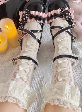 奶油黄色甜美蝴蝶结蕾丝花边袜日系洛丽塔少女jk洛丽塔中筒袜