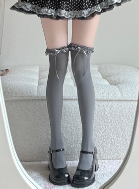 日系甜美蝴蝶结过膝袜女灰色蕾丝花边lolita学院风JK长筒袜