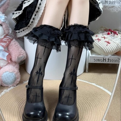 梦幻人偶蕾丝多十字架黑色小腿袜