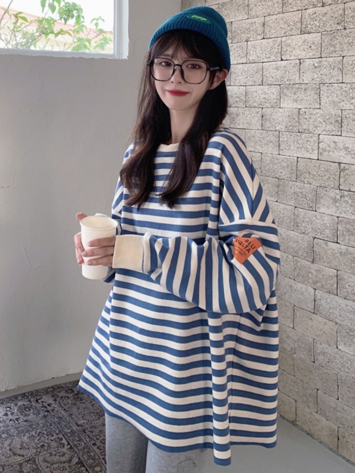 임부복 봄수트 패셔너블한 배 커버 스트라이프 탑 루즈한 임부복 스웻셔츠 중간기장 인터넷 연예인 투피스 세트