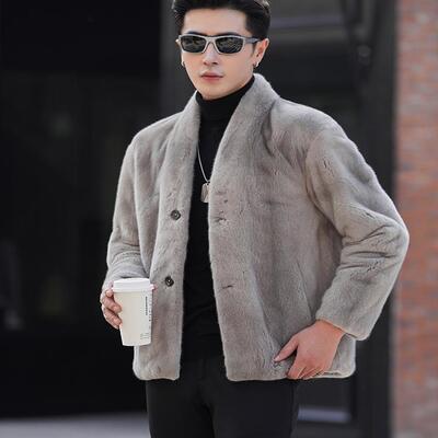 进口美国宝嘉美紫金短二银蓝本色貂皮大衣男装V领水貂皮外套皮草