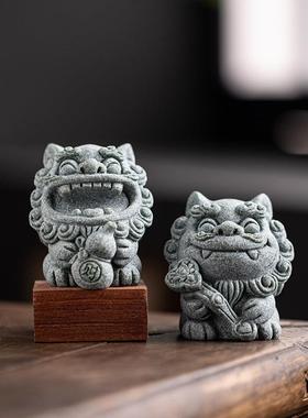 国潮石狮子一对桌面装饰吉祥物创意风狮爷盆景鱼缸造景观茶宠摆件