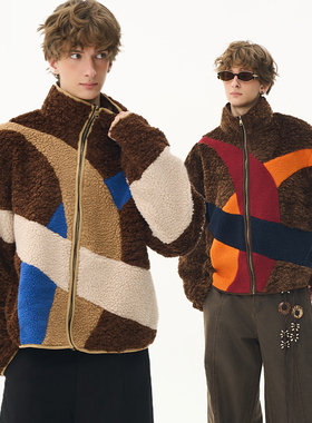 CNEW2025AW【无始之环】复古几何羊羔绒拼接宽松保暖加厚夹克外套