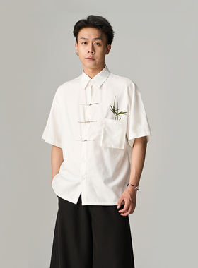 CNEW23SS新中式翠竹刺绣金属飞机扣宽松短袖衬衫