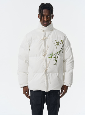 CNEW楚念贰问中国风盘扣翠竹刺绣高领棉服潮情侣款男女同款