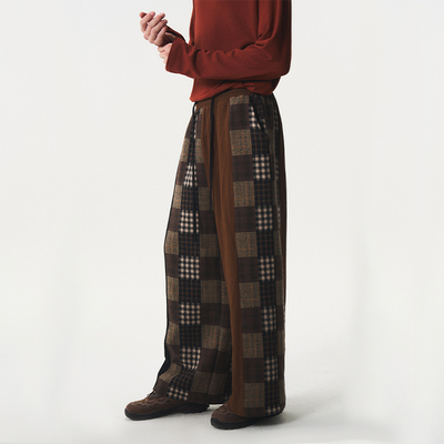 CNEW2025AW【游荡者规条】复古拼接格子宽松休闲直筒裤抽绳阔腿裤