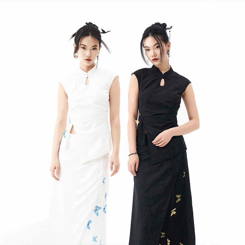 【梦蝶】CNEW楚念贰问25ss新中式不规则蝴蝶蕾丝短袖上衣春夏女装