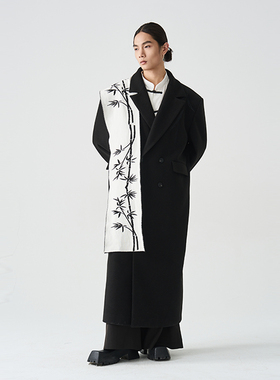 CNEW楚念贰问中国风新中式双面黑白竹叶满印保暖披肩围巾男女同款