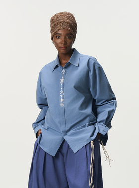 CNEW2025AW 帝释青波嬉风民族古法蓝染棉麻混纺部落文化长袖衬衫