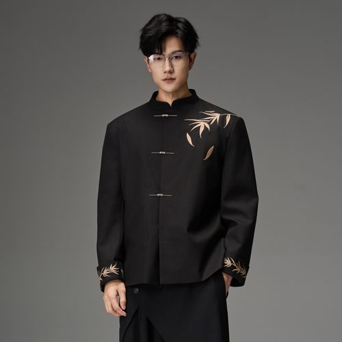 CNEW楚念贰问新中式中山领竹子刺绣飞机扣黑色西装男款订婚外套