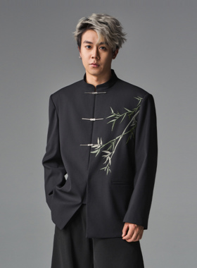 CNEW楚念贰问中国风新中式翠竹刺绣飞机扣立领中山装西服外套宽松