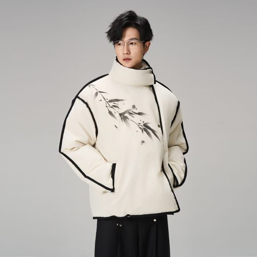 CNEW楚念贰问 新中式国风水墨竹子印花米白色设计感短款羽绒服