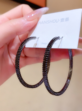 极简枪黑色锆石耳圈小众高级感