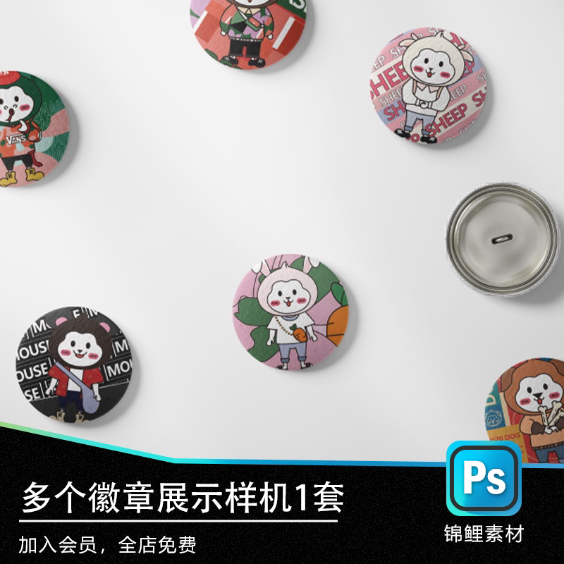 胸针徽章多个展示样机作业智能代贴图psd样机效果图