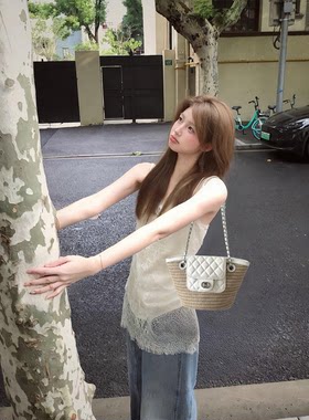 韩系白色小香风草编菜篮子托特包包女2026新款撞色链条单肩编织包