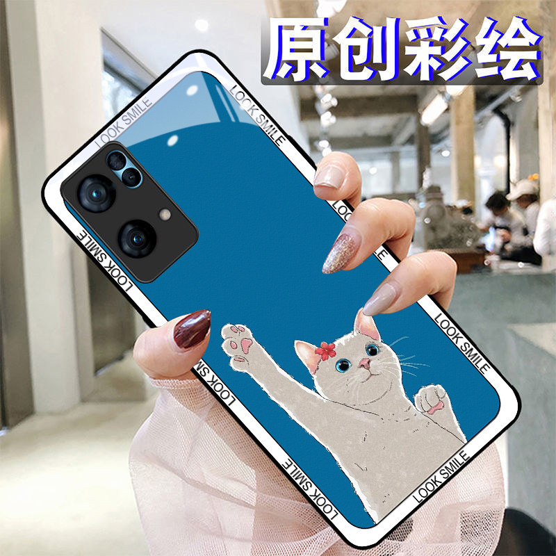 举手猫咪适用OPPOreno7pro+手机壳6/5硅胶96findR17钢化玻璃a7293