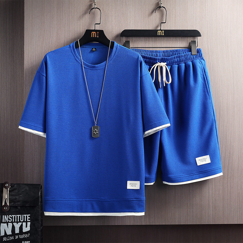 新款短袖t恤男夏季宽松ins休闲运动套装学生潮牌两件套短裤五分袖