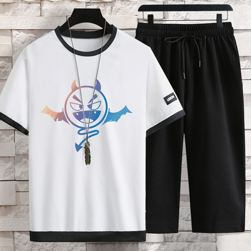 男士休闲套装夏季薄款冰丝短袖七分裤运动服男装青少年潮流两件套