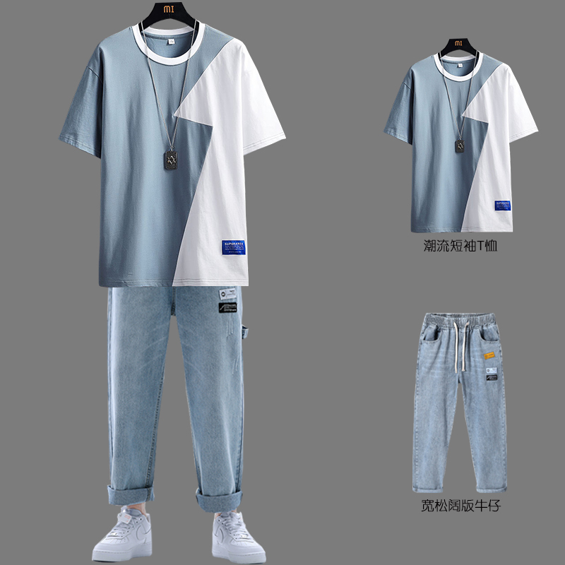 短袖T恤男士夏季套装休闲一套穿搭配痞帅气新款学生潮流潮牌衣服