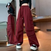 子男女宽松显瘦直筒束脚休闲阔腿情侣裤 安可拉红废土风帅气工装 裤