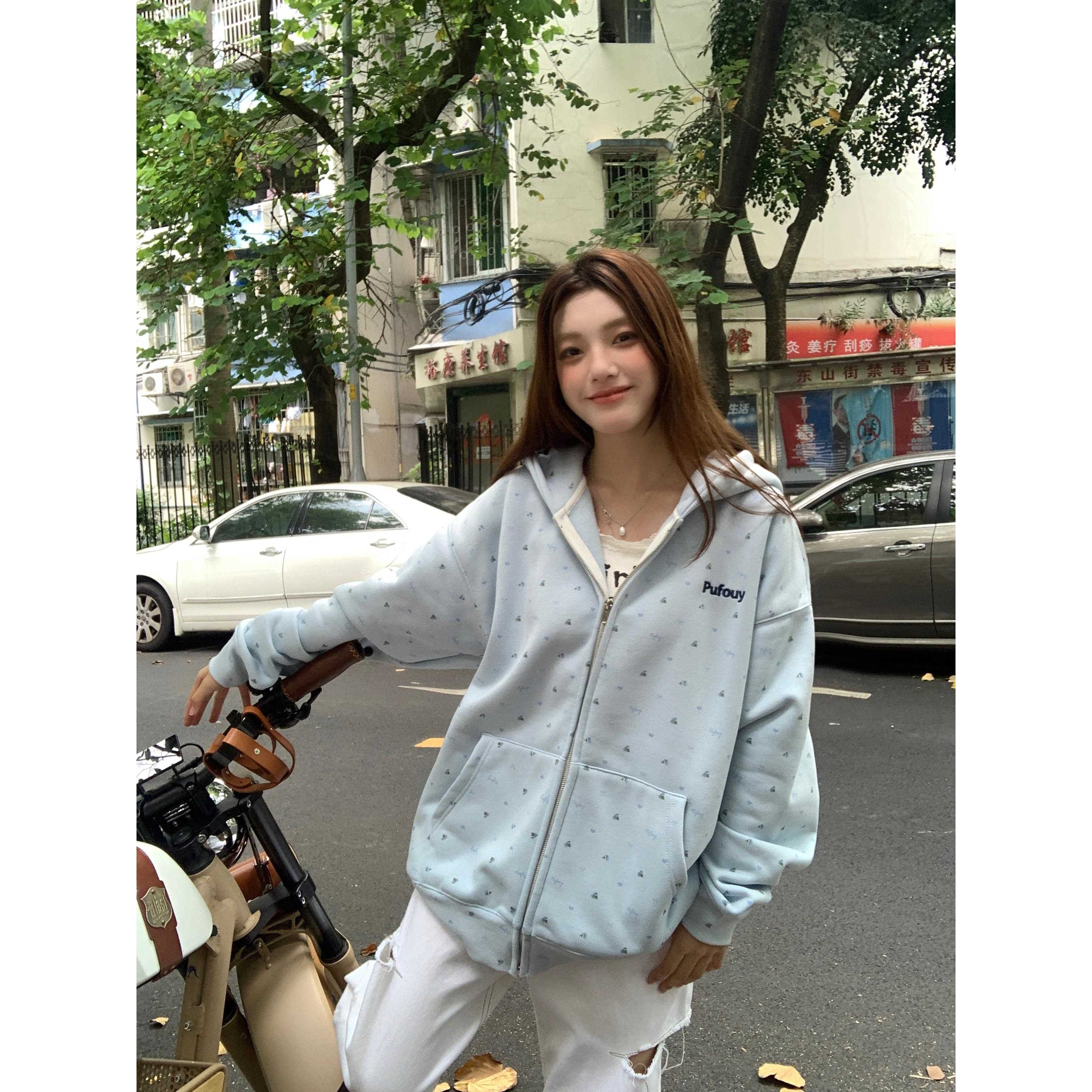 Pufouy小清新碎花加绒连帽拉炼 炼 外套情侣厚T恤韩风男女休闲 宽