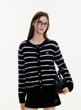 Azmi设计感小众马海毛条纹针织开衫外套女春秋季新款宽松显瘦毛衣