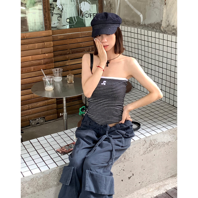 OHIOHI RR撞色条纹刺绣logo修身显瘦抹胸背心辣妹短款三色上衣