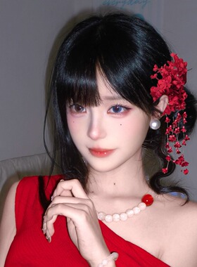 红色铃兰花朵流苏头花发饰女侧边夹古风森系发夹新年头饰新娘发卡