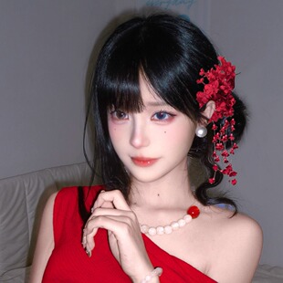 红色铃兰花朵流苏头花发饰女侧边夹古风森系发夹新年头饰新娘发卡