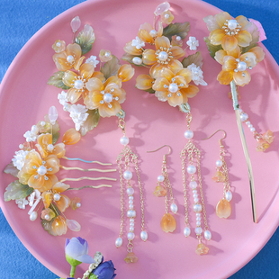 仙气汉服镀金头饰古风琉璃边夹全套流苏步摇盘发超仙花朵发饰饰品