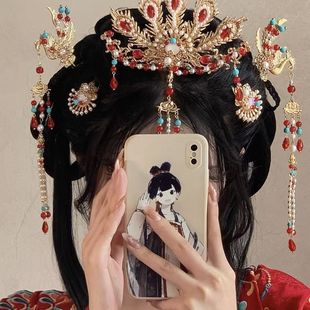 古风汉服头饰凤凰发簪发饰套装明制凤冠景泰蓝流苏凤凰头饰套装