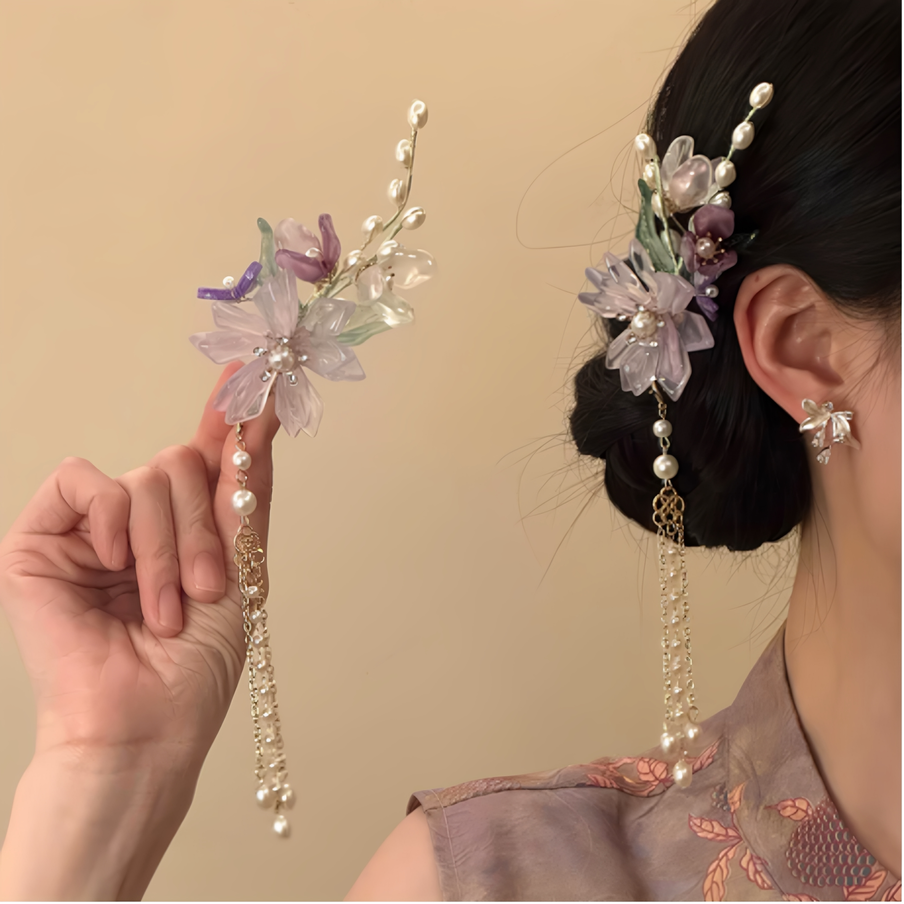 「花陌韵芳」新中式紫色花朵发夹女侧边夹子古风汉服发饰琉璃饰品