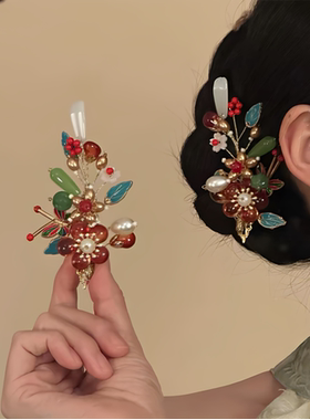 古风侧边夹琉璃新中式红色花发夹