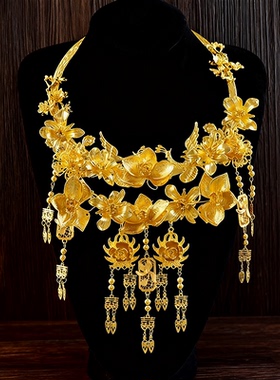 新中式秀禾项链高级复古汉服龙凤褂金色喜字流苏颈圈古风精致配饰