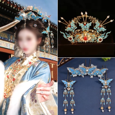 蓝色烧蓝蝴蝶大发冠唐宋明制国风