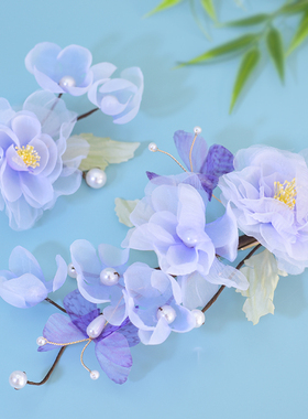汉服头饰紫色缠花绢花对夹仙气