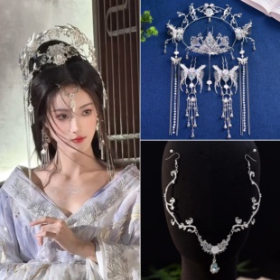 战国公主额冠配饰古风汉服发簪全套古装银色蝴蝶流苏大气饰品配饰